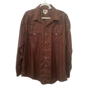 Ely Cattleman Brown Gold Shimmery Striped Shirt Pearl Snaps Western Rodeo Sz XL